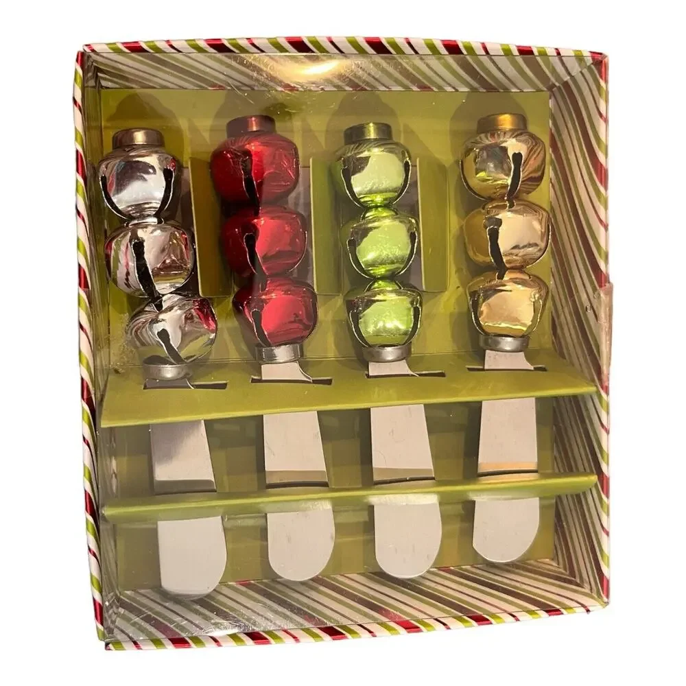 Pier One 1 Jingle Bell Set Of Four‎ Canapé Cheese Spreaders Christmas Red Green